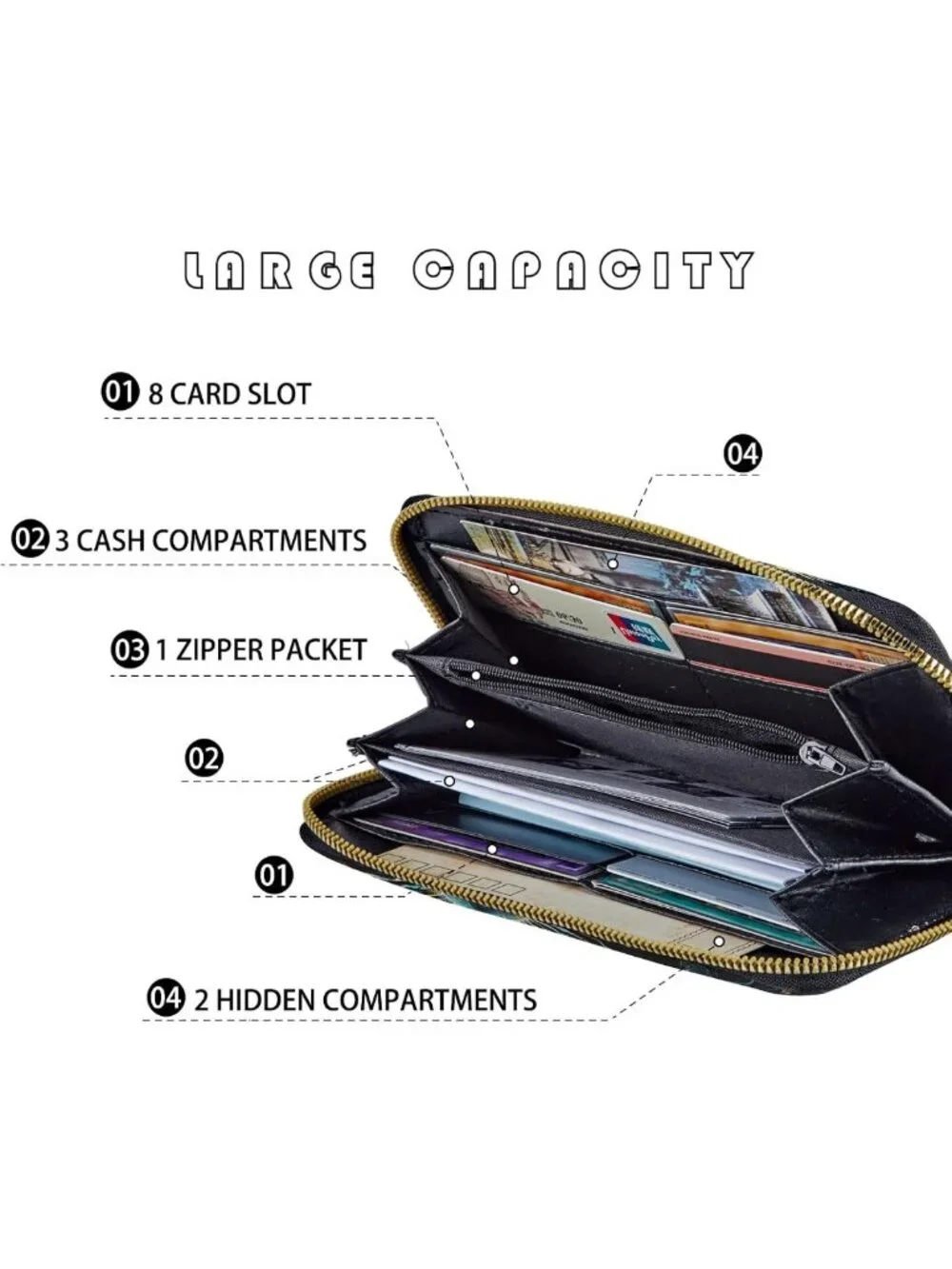 RFID Blocking Zip Around Wallet with Detachable Wrist Strap, Large Capacity